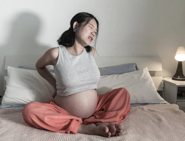 Home Portrait Young Tired Depressed Asian Korean Woman Pregnant Bed — Photo