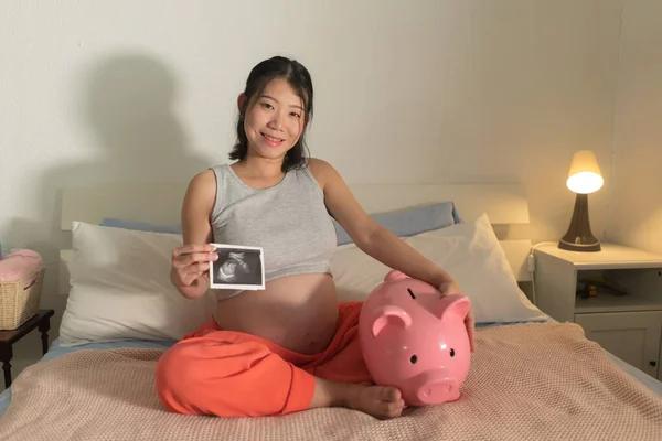 Young Happy Beautiful Asian Korean Woman Holding Ultrasound Piggy Bank — Photo