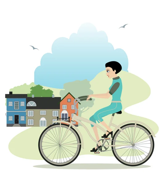 Mujer montando en bicicleta . — Vector de stock