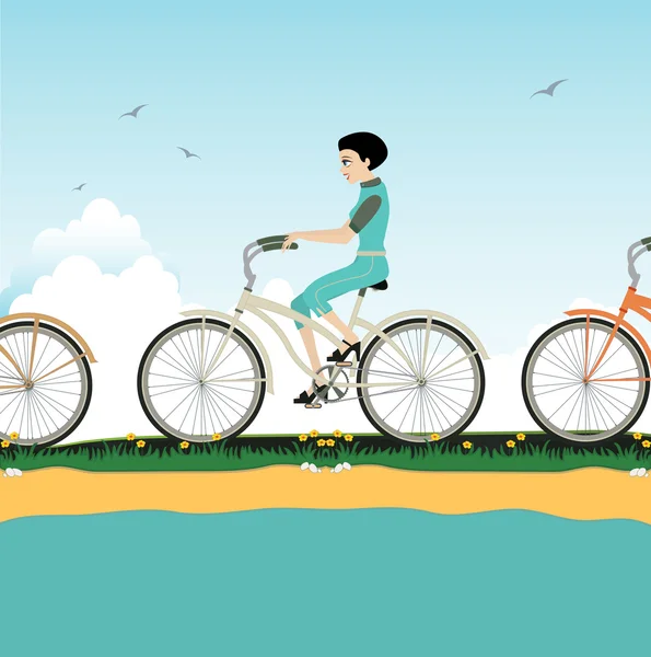 Mujer montando en bicicleta . — Vector de stock