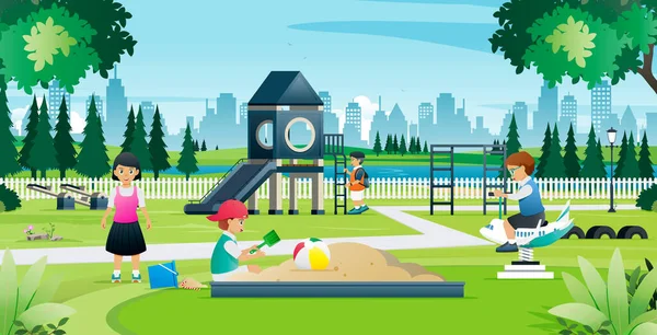 Los Niños Están Divirtiendo Parque Infantil Medio Del Parque Ciudad — Vector de stock