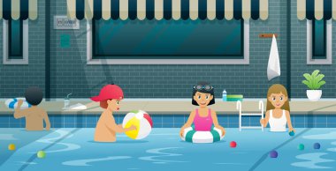 Erkekler ve kızlar yüzme havuzunda eğleniyorlar..