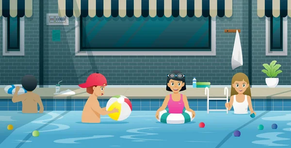 Niños Niñas Divierten Piscina — Vector de stock