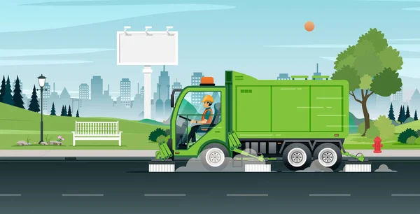 Les Employés Conduisent Pour Nettoyer Les Routes Publiques Ville — Image vectorielle