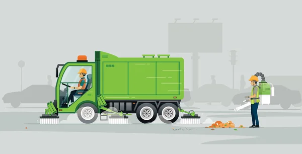 Trabajadores Vehículos Eliminación Polvo Están Limpiando Carretera — Vector de stock