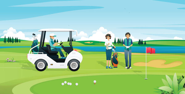 Бизнесмен водит гольф-кар, чтобы поиграть с друзьями и кадиллаком.