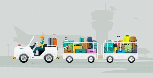 在机场 一名工人驾驶一辆卡车载着行李上飞机 — 图库矢量图片