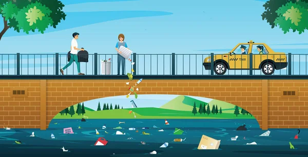 橋を渡って川にゴミを捨てる女性と男性 — ストックベクタ