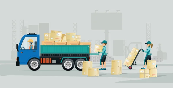 Les Travailleurs Chargent Des Boîtes Sur Camion Avec Fond Gris — Image vectorielle