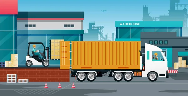 Workers Loading Goods Trucks Containers — Stockvektor