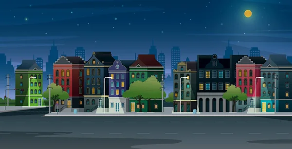 Old Buildings City Night Full Moon — Stockvektor