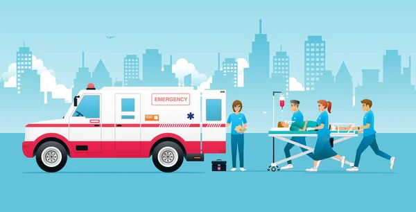 Emergency Medical Workers Rushing Get Accident Victims Ambulance — Stock Vector