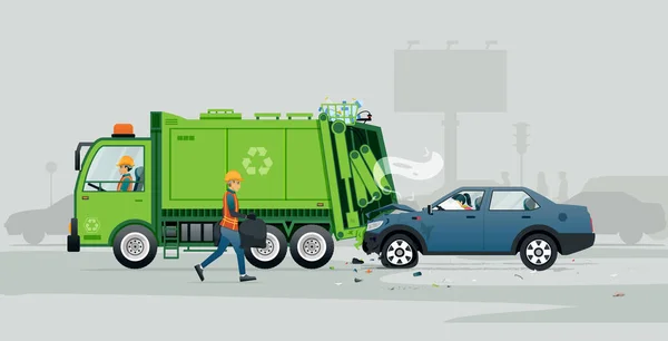 Woman Drives Back Parked Garbage Truck — Vector de stock