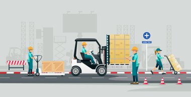 Workers are sorting goods with tools and protective equipment in the warehouse.