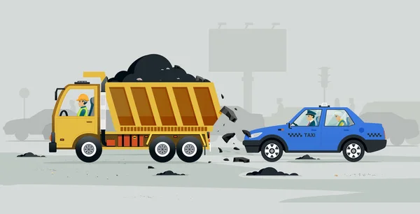 ダンプトラックの運転手は未舗装道路を作り タクシーのトラブルを引き起こす — ストックベクタ
