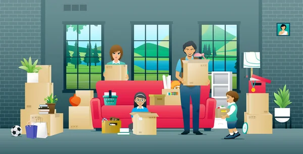Ouders Kinderen Helpen Bij Het Inpakken Van Spullen Naar Een — Stockvector