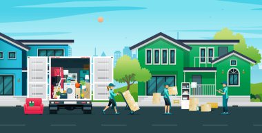 Ev taşıyıcıları ev aletlerini kamyonlardan boşaltıyorlar..