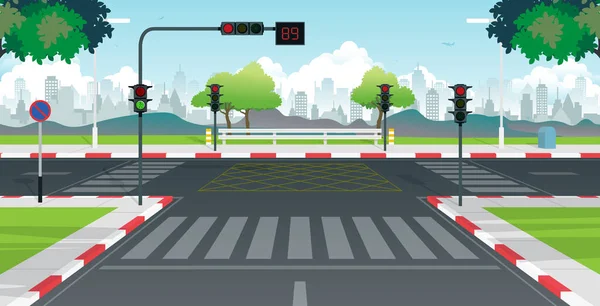 交通信号灯和路标在城市交叉口的公路上展示 — 图库矢量图片