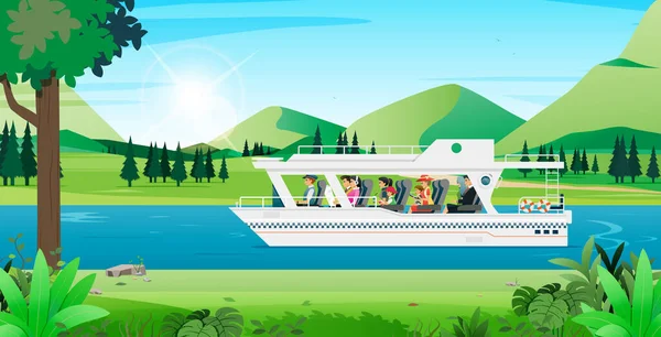 観光客は川沿いの自然を見るためにボートに乗る — ストックベクタ