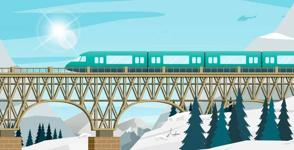 Train Running High Bridge Snowy Mountains — Stock Vector