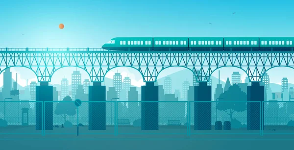 Train Roulant Sur Des Rails Travers Ville Avec Des Bâtiments — Image vectorielle