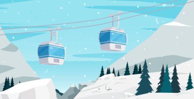 Kayakçıların ve turistlerin karlı dağlara çıktığı bir teleferik..