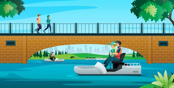 Männer Und Frauen Mit Wasserfahrrädern Stadtpark — Stockvektor