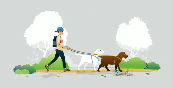 Ember Sétáltatja Kutyáját Parkban Egy Szürke Háttér — Stock Vector