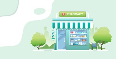 Pharmacy and medical equipment with a city in the background.