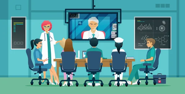 Des Médecins Différents Départements Assistent Des Réunions Médicales Par Vidéoconférence — Image vectorielle