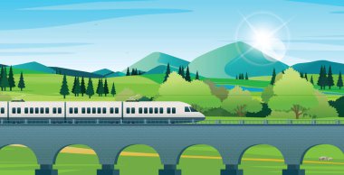 Tren, arkasında doğa ve dağlar olan bir raydan geçiyor..