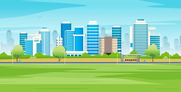 City Buildings Green Lawns Streets Sky Background — Stockvector