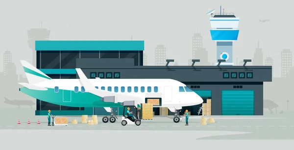 Workers Loading Cargo Boxes Transported Planes — Stockvector