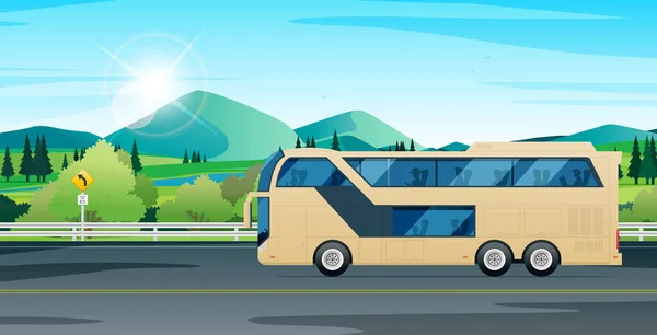 Autobus Turystyczny Kursuje Autostradzie Górami Tle — Wektor stockowy