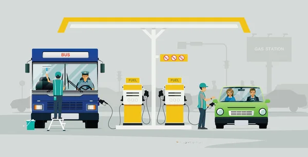 Employees Refuel Clean Glass Cars Come Use Service Gas Station — Vettoriale Stock