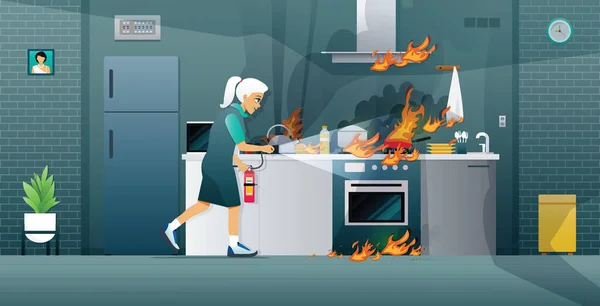 Elderly Housewife Using Fire Extinguisher Kitchen — Archivo Imágenes Vectoriales