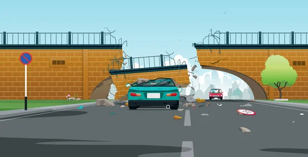 Elevated Bridge Collapsed Top Car — 图库矢量图片