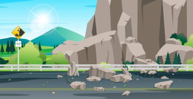 Rocks falling on the highway with stone warning signs. clipart
