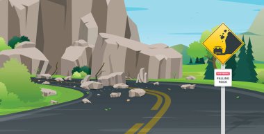 A falling stone blocks the highway with a warning sign.