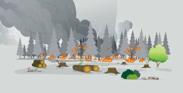 Fire Burning Trees Forest Gray Background — Stockový vektor