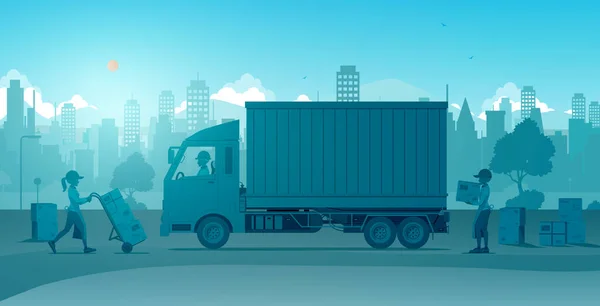 Workers Preparing Deliver Goods Truck — Stock Vector