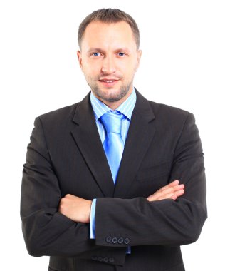 Beyaz arka planda izole edilmiş genç bir iş adamının portresi.