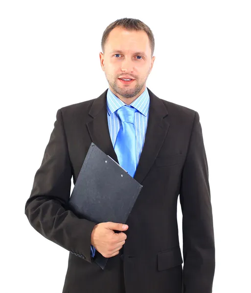 Homme d'affaires moderne souriant tenant le presse-papiers vierge dans les mains isolées sur blanc — Photo