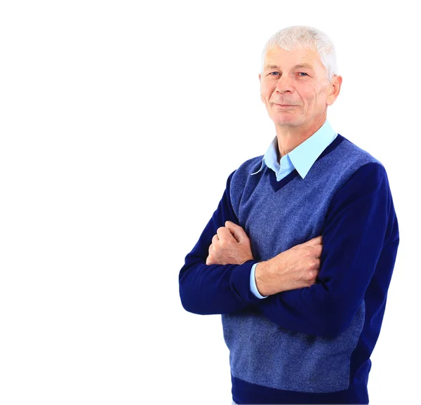 Happy senior man tryggt på vit bakgrund — Stockfoto