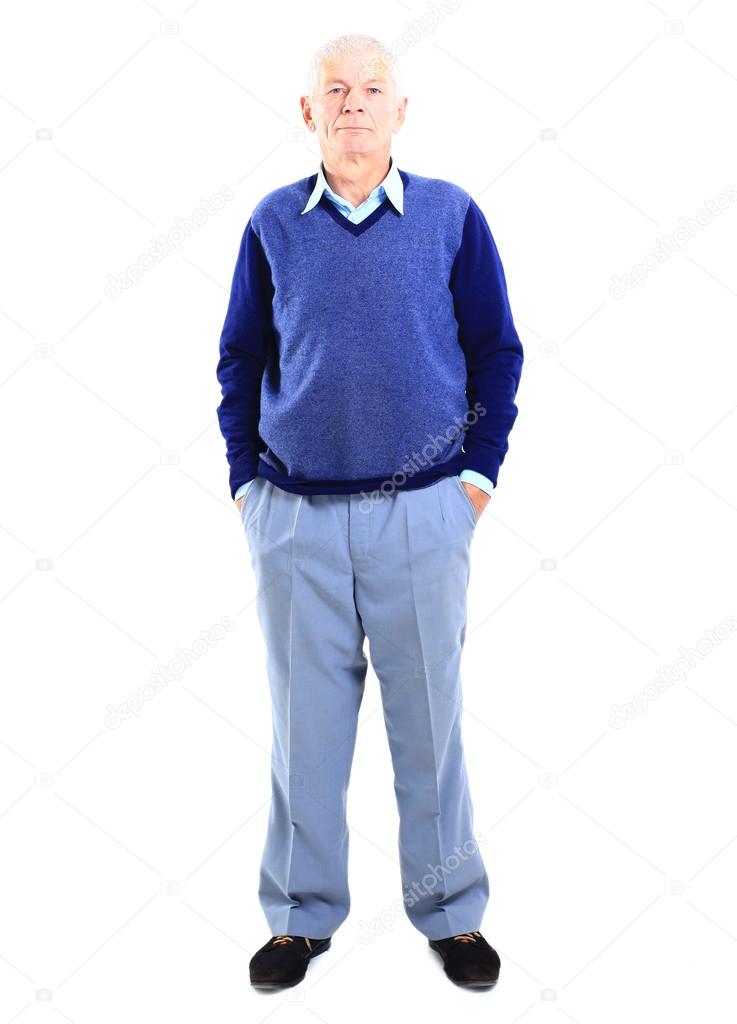 Full length of a happy senior man standing confidently on white background