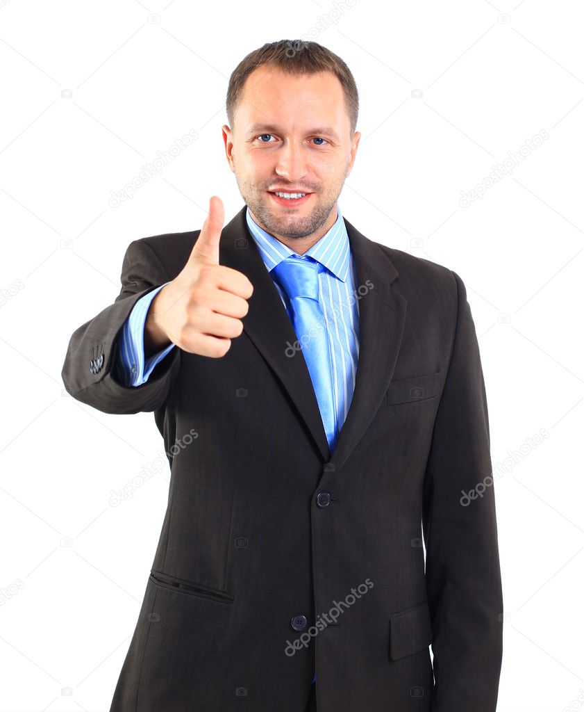 Young businessman going thumb up, isolated on white