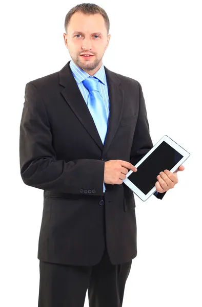 Retrato de un hombre de negocios con una tableta sobre un fondo blanco — Foto de Stock