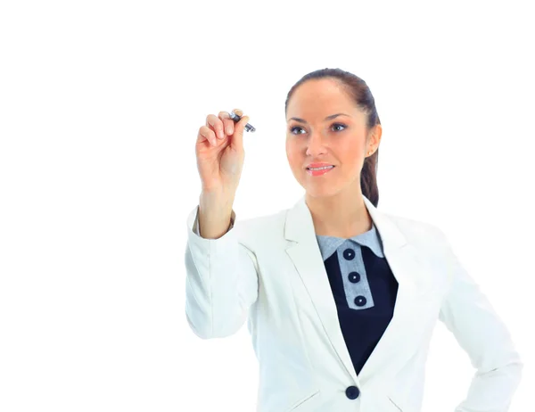 A pensive businesswoman writing with a marker, isolated on white — Stock Photo, Image