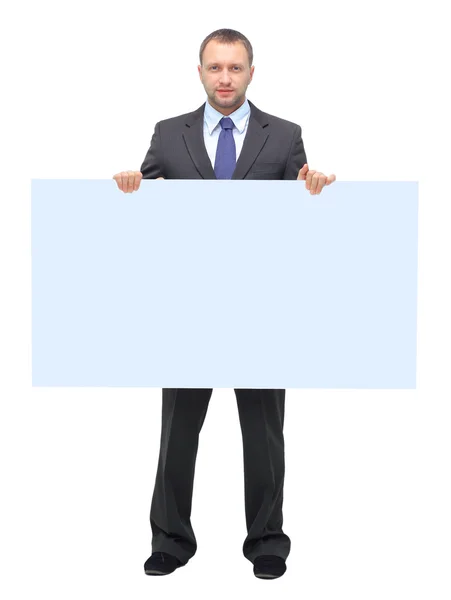 Homem de negócios mostrando tabuleta em branco, isolado em fundo branco — Fotografia de Stock