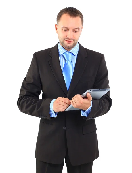 Portrait of a businessman with a tablet computer against a white background — Stock Photo, Image